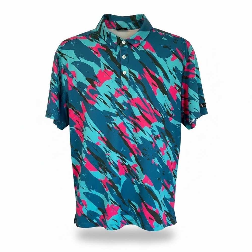 Vincero Golf Polo - Mens MED - Multicolor Geometric 90’s Print, Stretch, Wicking
